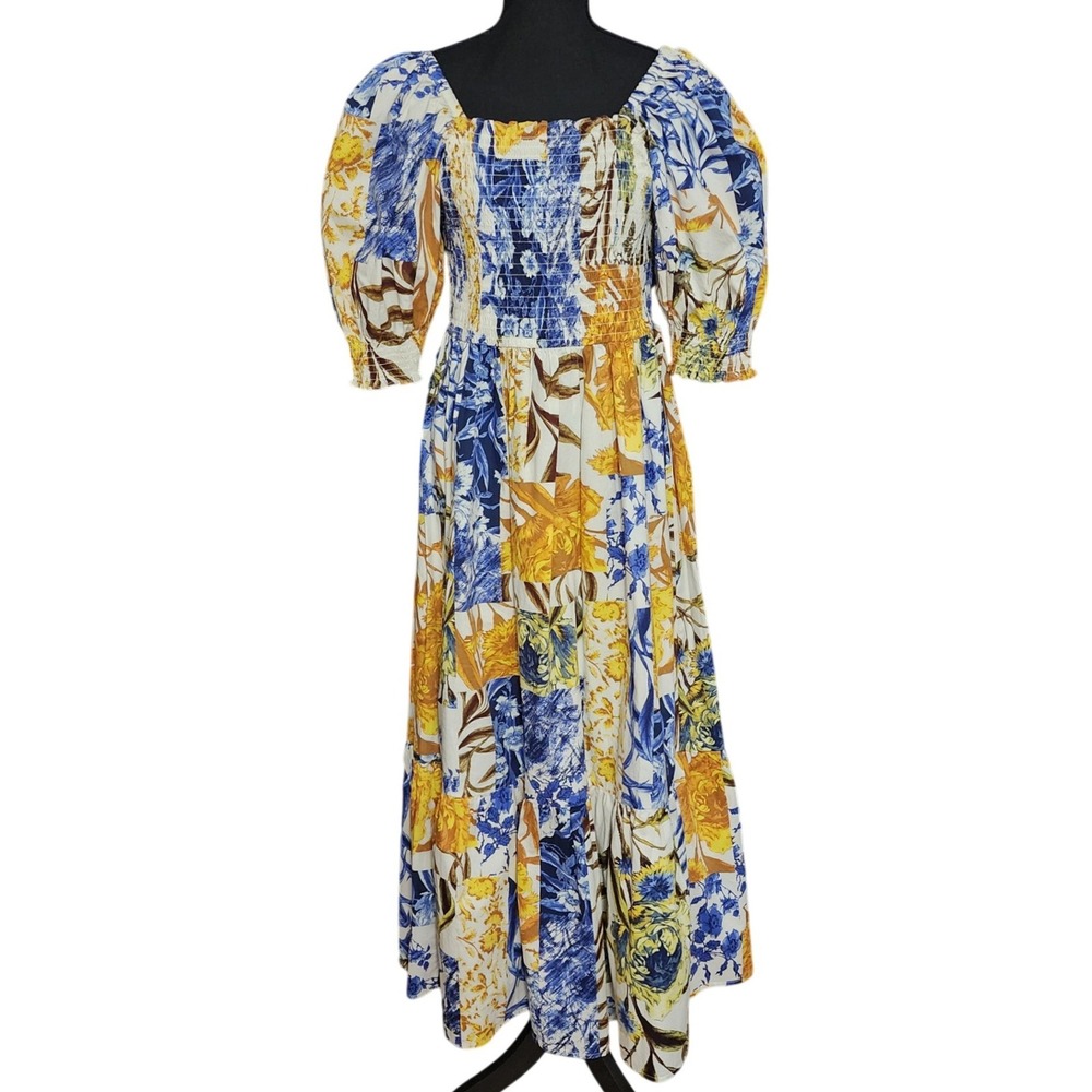 INC International Concepts Cottagecore Blue Yellow Floral Fairycore Boho Dress L